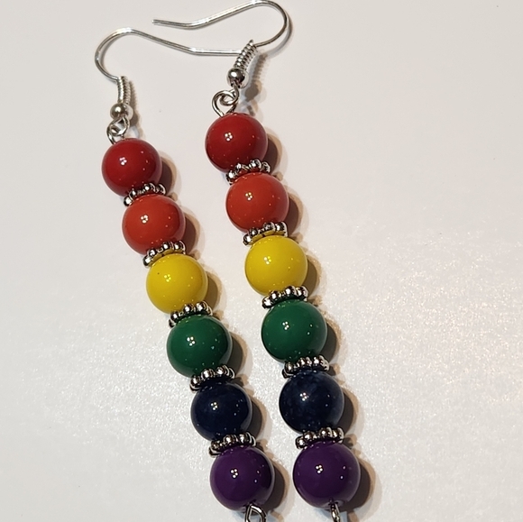 Hand Crafted LGBTQ+ Pierced Earrings Colorful Beaded Dangle Rainbow - Picture 1 of 5